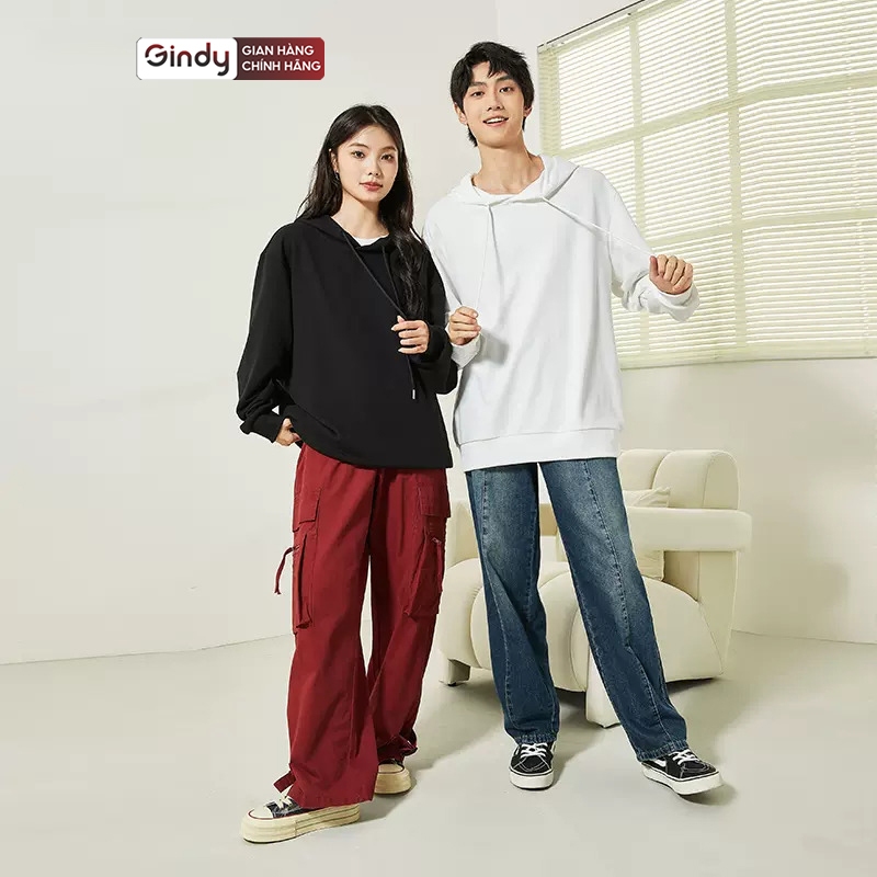 Áo hoodie chất nỉ bông trơn unisex GINDY sweater nam nữ dài tay có mũ basic form rộng thời trang thu đông A023