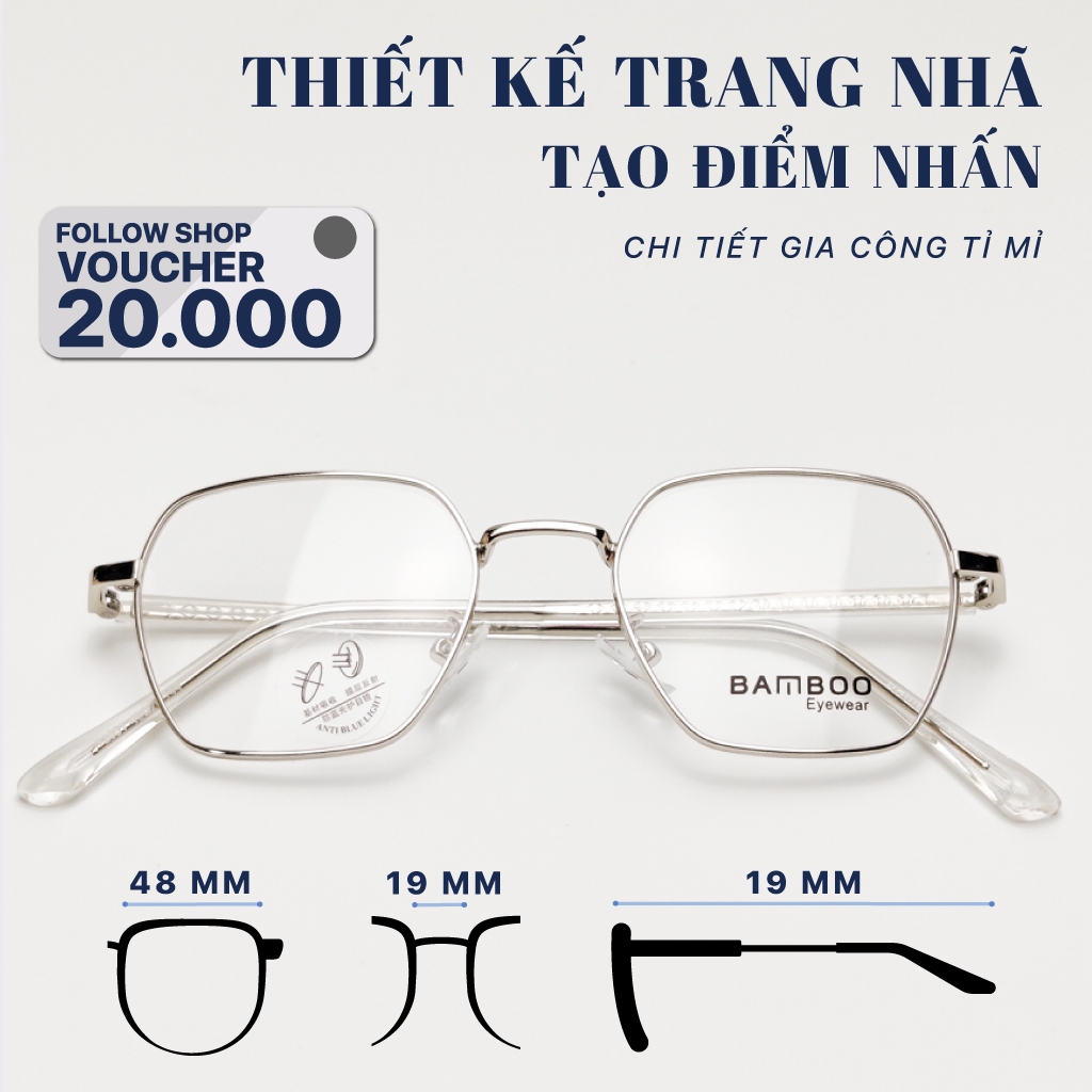 Gọng kính lục giác nam nữ LB Eyewear 72651 giả cận chống tia UV, chất liệu kim loại đeo nhẹ mặt thời trang