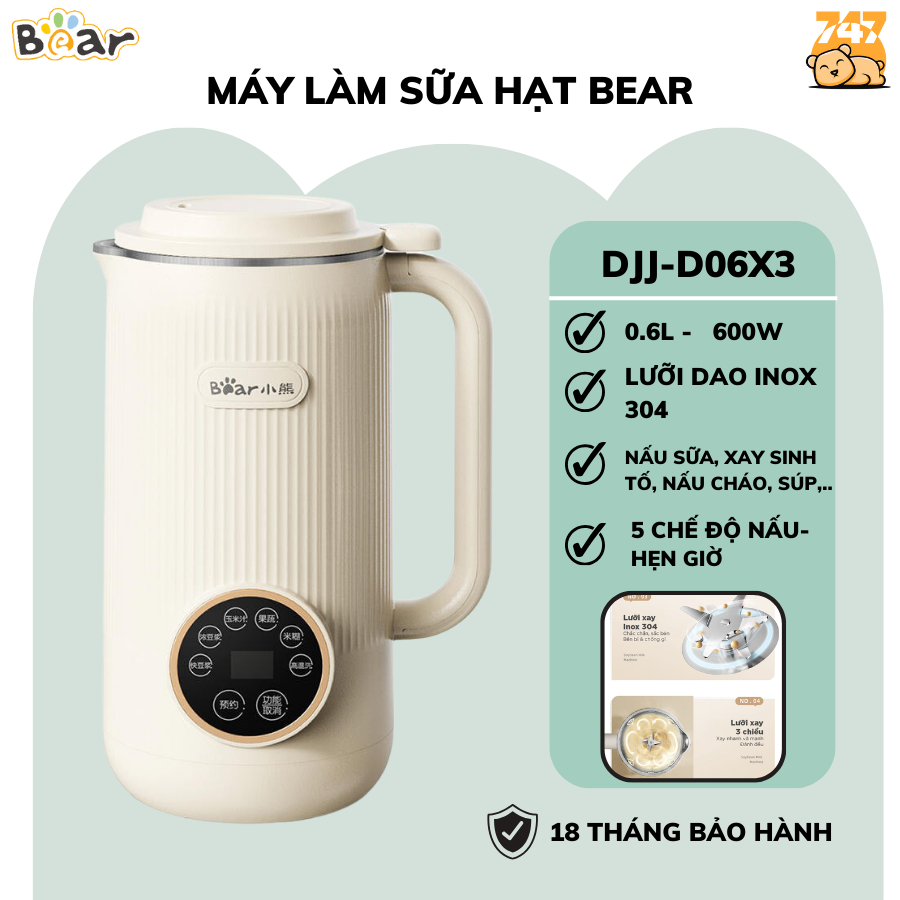 Máy nấu sữa hạt mini đa năng 0.6L Bear DJJ-D06X3 - Công suất 600W- 5 chức năng nấu- Ít ồn- Hàng chính hãng- BH 18 tháng