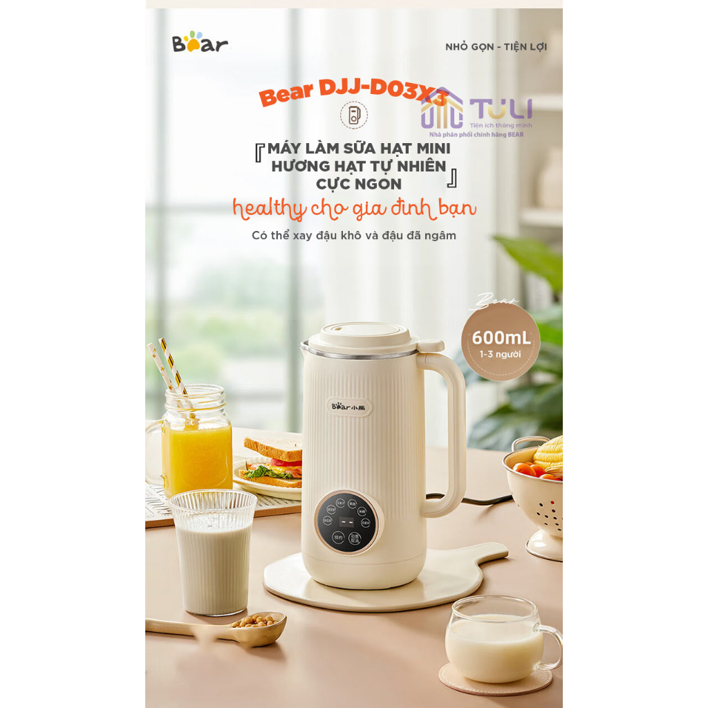 Máy nấu sữa hạt mini đa năng 0.6L Bear DJJ-D06X3 - Công suất 600W- 5 chức năng nấu- Ít ồn- Hàng chính hãng- BH 18 tháng