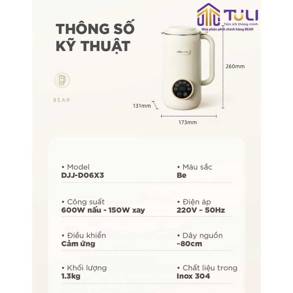 Máy nấu sữa hạt mini đa năng 0.6L Bear DJJ-D06X3 - Công suất 600W- 5 chức năng nấu- Ít ồn- Hàng chính hãng- BH 18 tháng