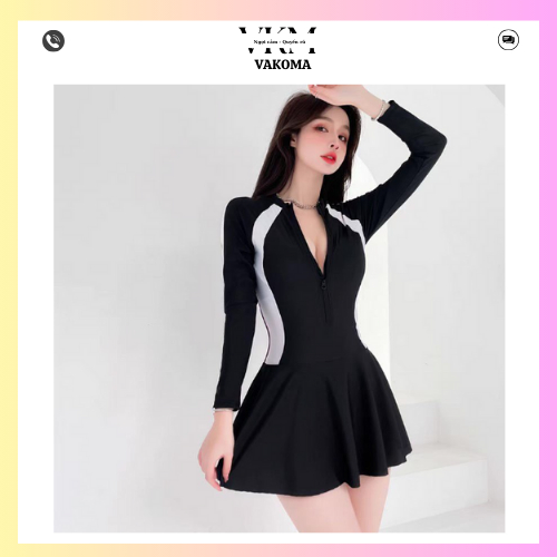 Đồ bơi nữ bikini 1 mảnh dài tay dáng váy có quần trong kín đáo VAKOMA TT126