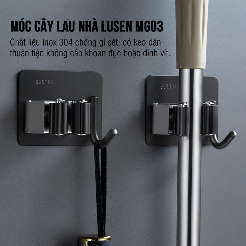 Móc treo cây lau nhà inox 304 chống gỉ sét dán tường 2 trong 1. Lusen MG03