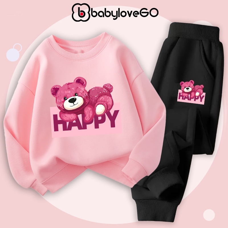 Bộ nỉ cho bé gái BabyloveGO mẫu mới 2024 bộ thu đông dài tay in hình độc đào cho bé BN-AG50