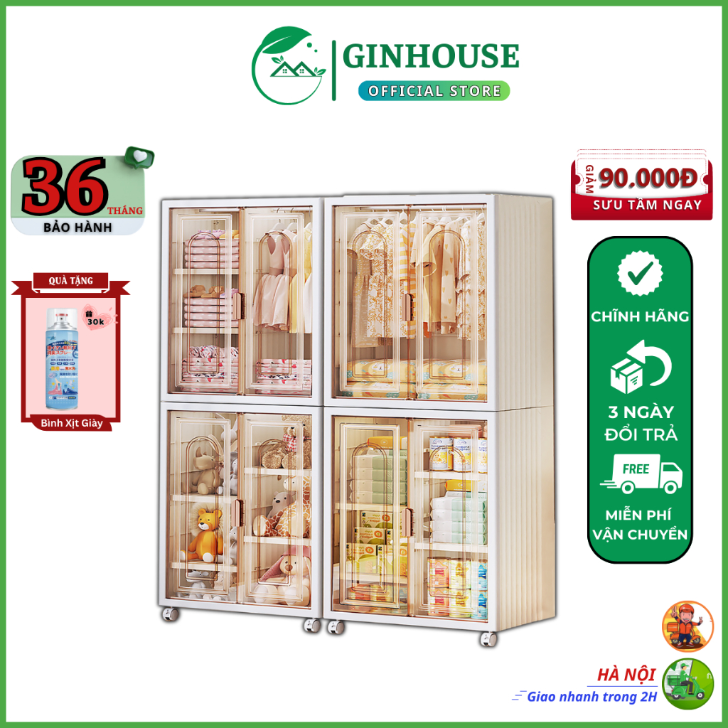 Tủ quần áo gấp gọn cho bé Ginhouse 6 ngăn W2-6 chất liệu nhựa PP bền bỉ có bánh xe, Tủ quần áo mini có tầng treo