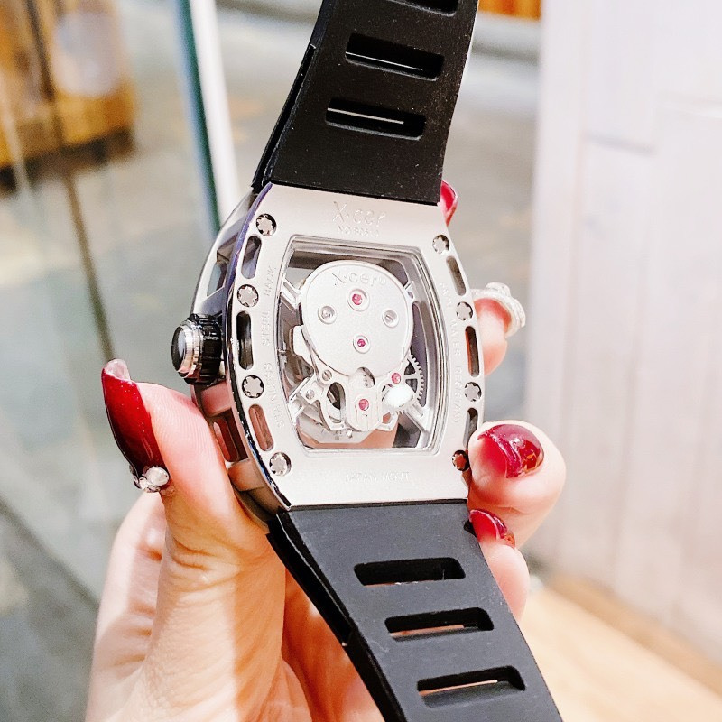 Đồng Hồ Nam Auth Xcer B0619 Black Silver Skull Automatic, Dây Silicon , Size 43mm