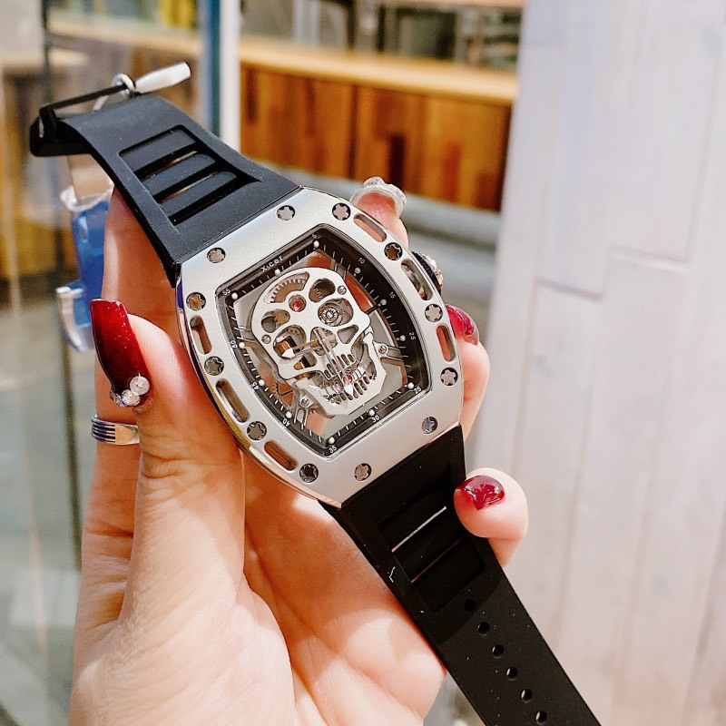 Đồng Hồ Nam Auth Xcer B0619 Black Silver Skull Automatic, Dây Silicon , Size 43mm