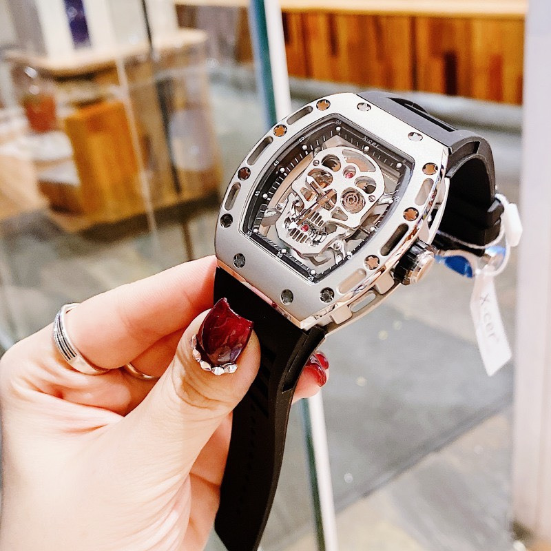 Đồng Hồ Nam Auth Xcer B0619 Black Silver Skull Automatic, Dây Silicon , Size 43mm