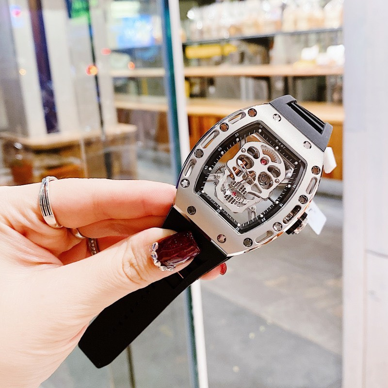 Đồng Hồ Nam Auth Xcer B0619 Black Silver Skull Automatic, Dây Silicon , Size 43mm