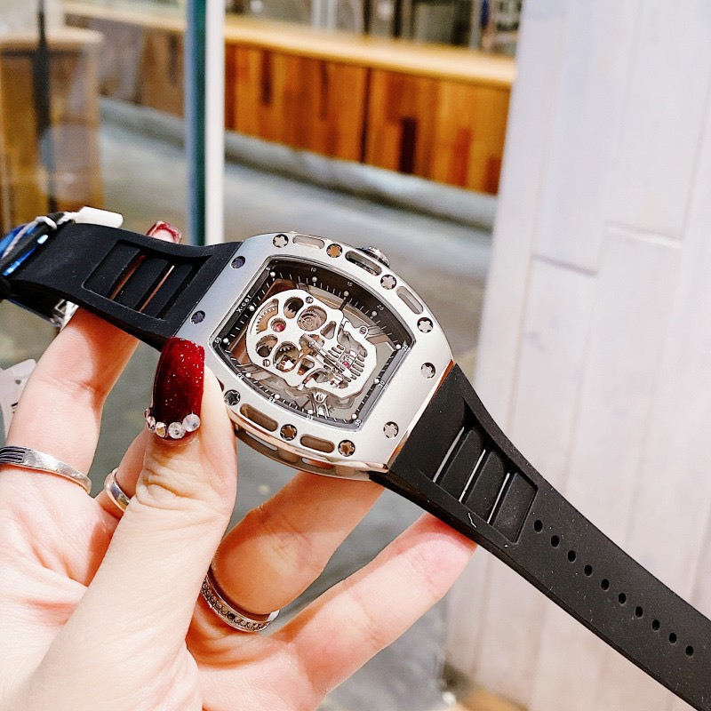 Đồng Hồ Nam Auth Xcer B0619 Black Silver Skull Automatic, Dây Silicon , Size 43mm