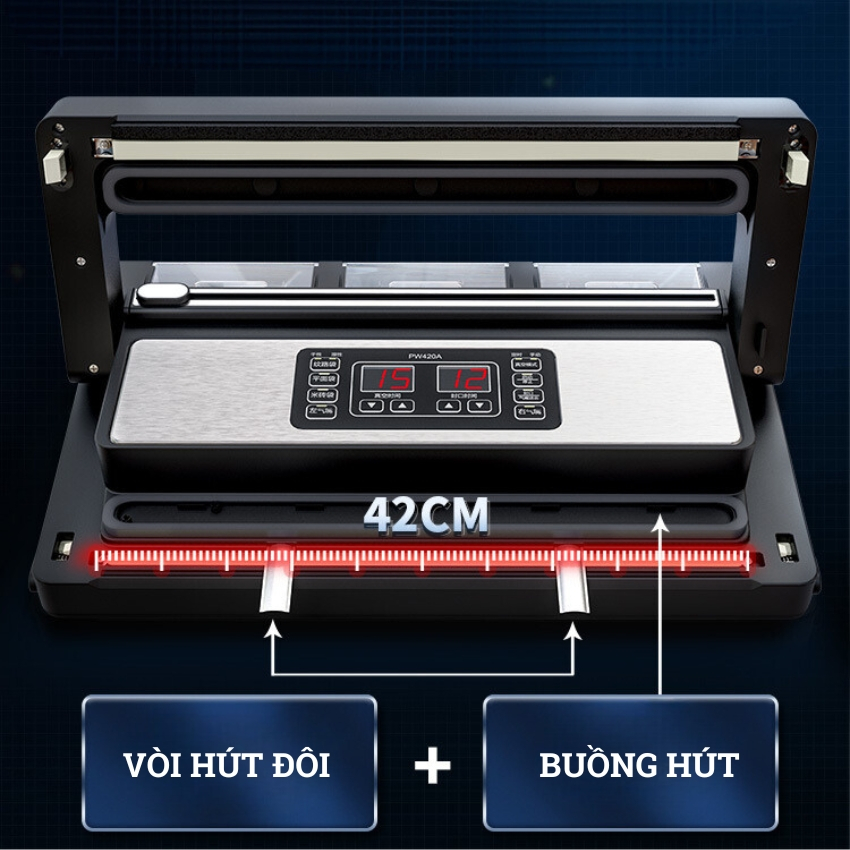 Máy Hút Chân Không Thực Phẩm ShineYe PW420A - 2 Vòi Hút Lực Hút Mạnh, Đường Hàn 42cm, Hút Tự Động Mọi Loại Túi