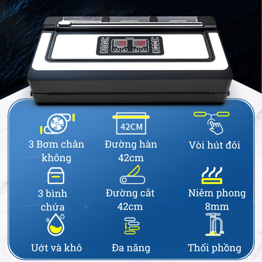 Máy Hút Chân Không Thực Phẩm ShineYe PW420A - 2 Vòi Hút Lực Hút Mạnh, Đường Hàn 42cm, Hút Tự Động Mọi Loại Túi