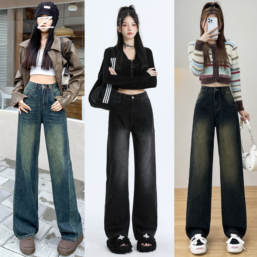 Quần jean nữ ống suông rộng cạp cao MIAA jeans nữ, Quần jean ống suông lưng ống rộng phong cách Retro Ulzzang 2023