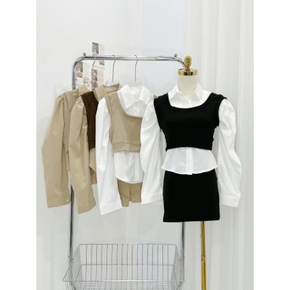 Set sơ mi vai phồng kèm ghile tăm croptop Ảnh thật/Sẵn