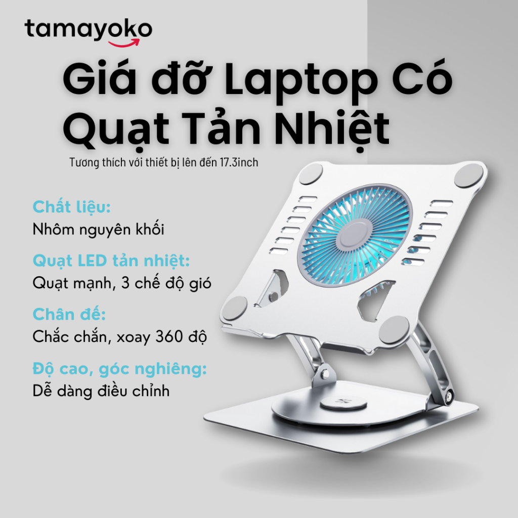 Giá Đỡ Máy Tính, Laptop Tamayoko Model FS088 Chất Liệu Hợp Kim Nhôm Cao Cấp Xoay 360, Hỗ Trợ Tản Nhiệt Chống Mỏi Cổ