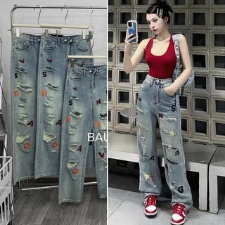 (Mới Về) Quần Jeans Suông Thêu Chữ Cái Phối Rách Kiểu _ Thời Trang QC Mã80