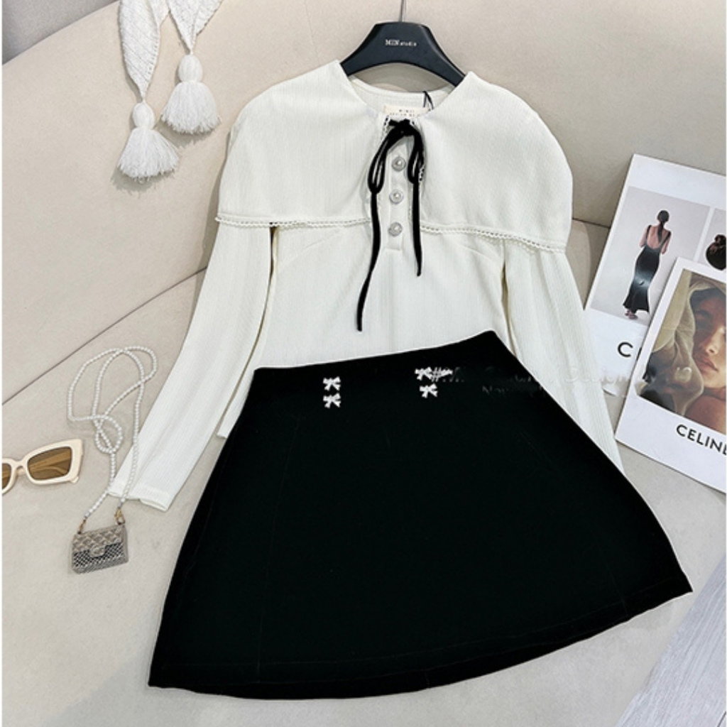 Trend - Set Bộ Áo Thun Tăm Cúc Ngọc Phối Chân Váy Đen Tacta, Phong Cách Hàn Quốc, HH244130