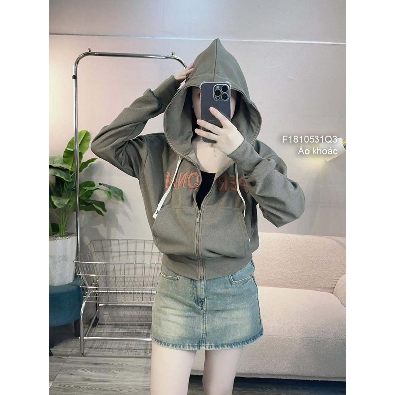 Áo khoác thun gân form lửng có nón kéo khoá tay dài