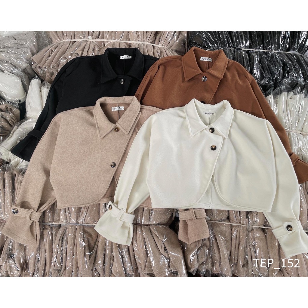 Áo dạ nữ dáng ngắn A.543, Áo dạ croptop tay dài vạt chéo cài đai tay phong cách Hàn Quốc - Shop Chấm Bi