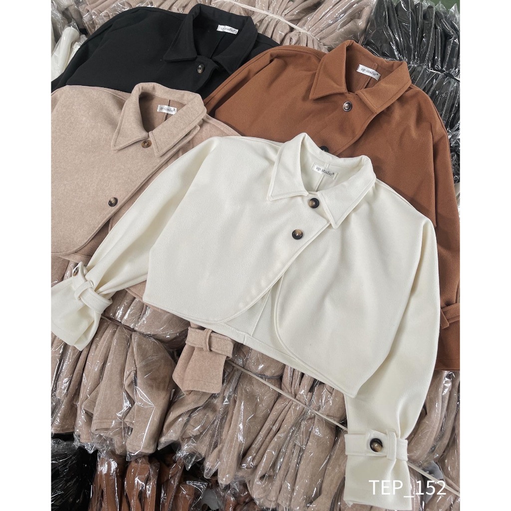 Áo dạ nữ dáng ngắn A.543, Áo dạ croptop tay dài vạt chéo cài đai tay phong cách Hàn Quốc - Shop Chấm Bi