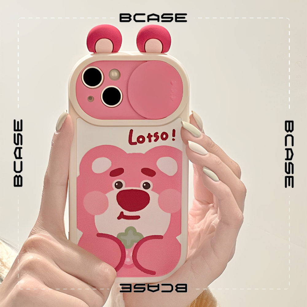 Ốp Điện Thoại nắp trượt tròn hình Gắn Tai Gấu Hồng phụ kiện Cute Cho iPhone 7Plus 8Plus 11 13 XR 12 