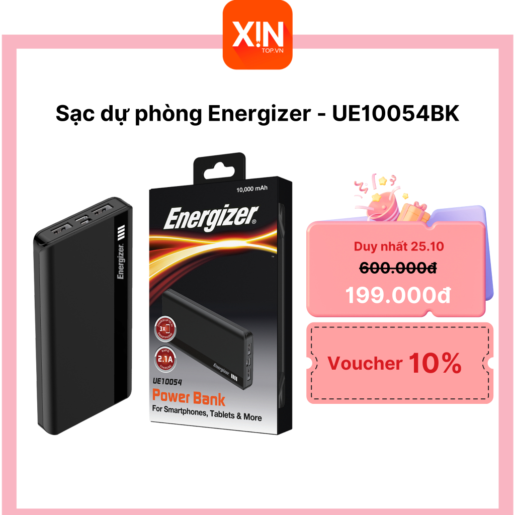 Sạc dự phòng Energizer UE10054 -Thiết kế gọn nhẹ,tích hợp 2 cổng inputs và 2 cổng ouputs - Hàng chính hãng