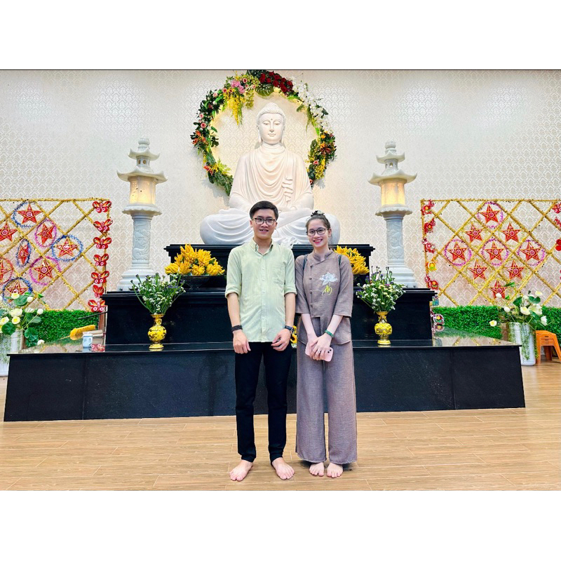 Đồ lam thêu chữ AN hoa sen nút gài cao cấp