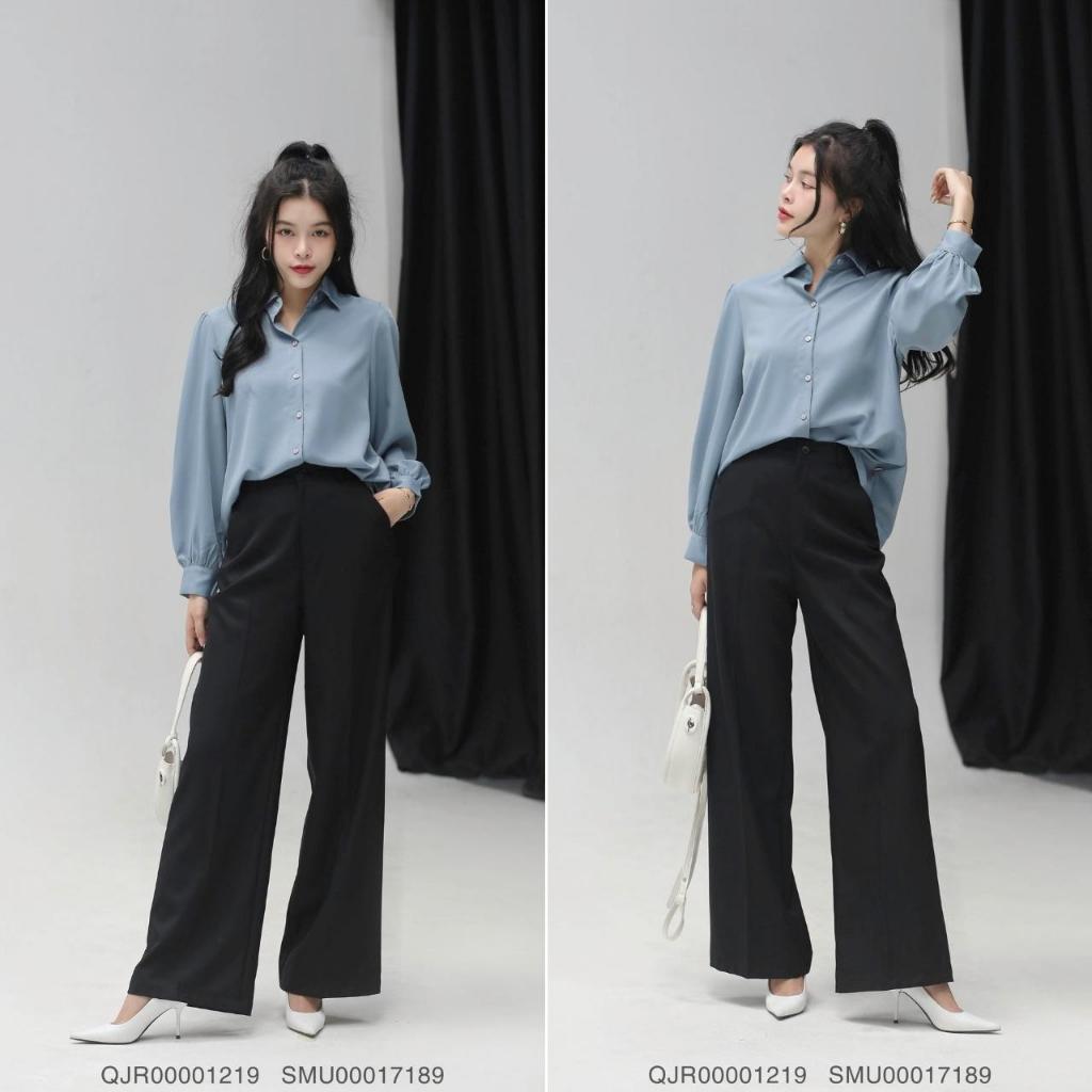 Áo sơ mi nữ dài bo tay VMSTYLE, áo công sở thiết kế chít vai form rộng trơn nhiều màu basic 13595 - SMU00017