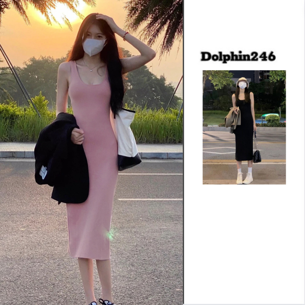 Váy len 2 dây cho nữ đầm dệt kim dáng dài tôn dáng che khuyết điểm len quảng châu thiết kế Hàn Quốc M277