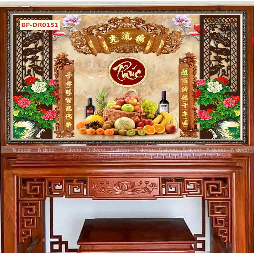Tranh DECAL dán bàn thờ 3d có keo sẵn, mâm ngũ quả đẹp mắt, câu đối 2 bên