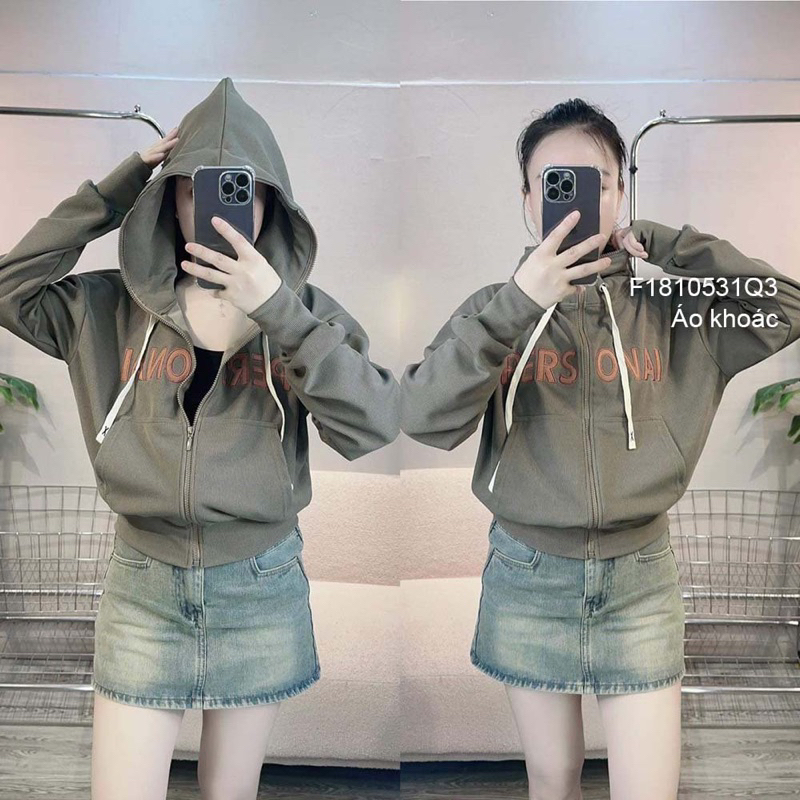 Áo khoác thun gân form lửng có nón kéo khoá tay dài
