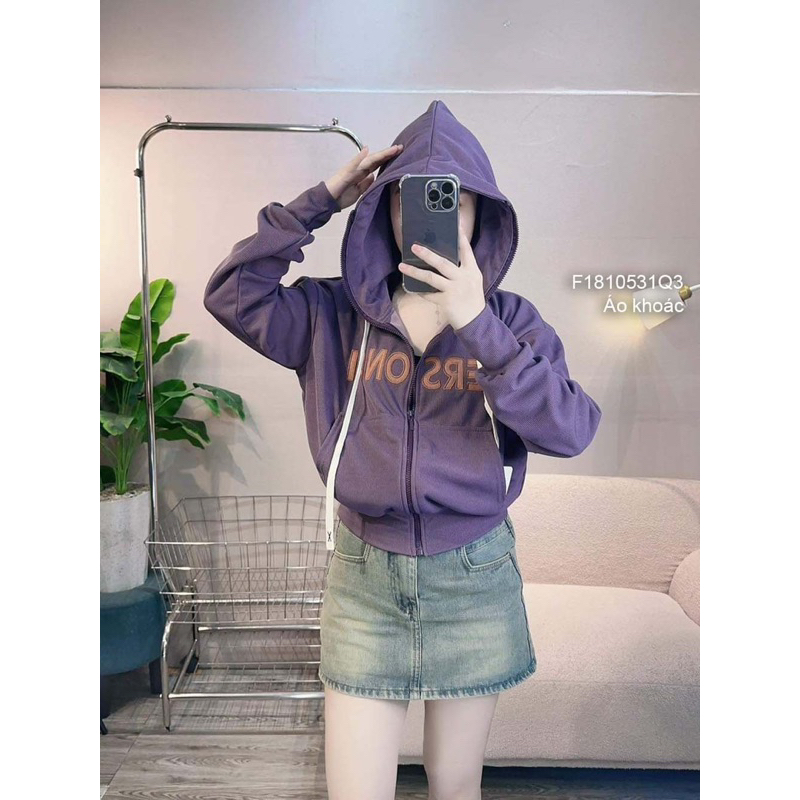 Áo khoác thun gân form lửng có nón kéo khoá tay dài