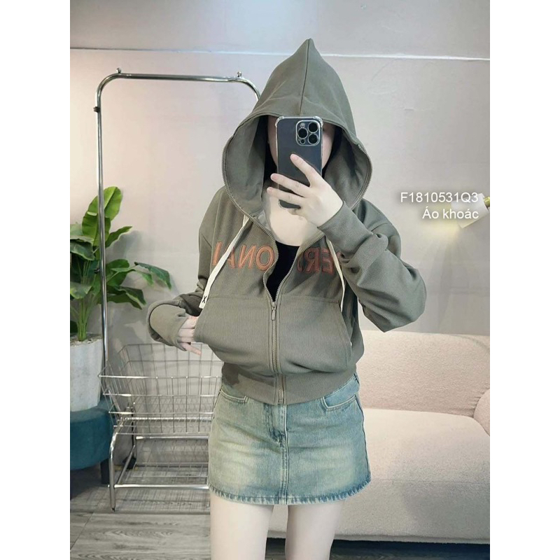 Áo khoác thun gân form lửng có nón kéo khoá tay dài