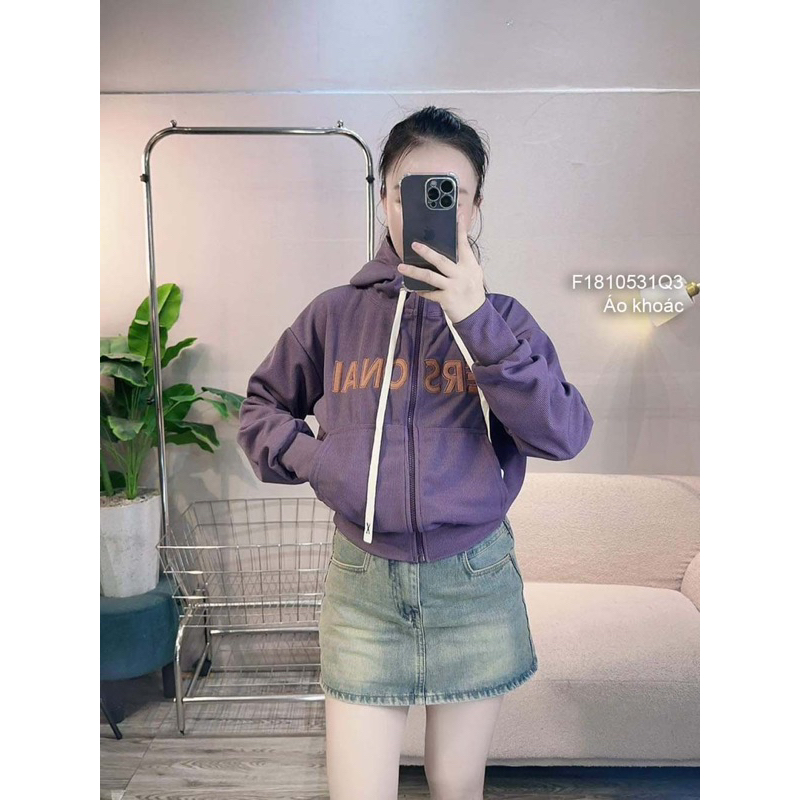 Áo khoác thun gân form lửng có nón kéo khoá tay dài
