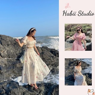Set váy maxi đi biển dáng dài phối áo croptop tay bồng HABII SE11 [CÓ BIGSIZE]