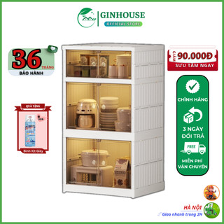Tủ để đồ đa năng gấp gọn GINHOUSE 3 tầng 9102-1-2G chất liệu nhựa PP cao cấp có bánh xe ẩn, tủ để đồ nhà bếp tiện lợi