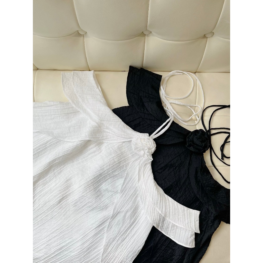 Đầm yếm phối bèo trễ vai - TK2447, Trễ vai gợi cảm phối hợp cùng lai bèo gợn nhẹ