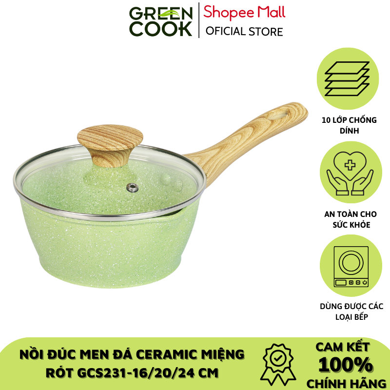 Nồi đúc men đá ceramic 9 lớp chống dính, miệng rót Green Cook GCS231 sử dụng được các loại bếp