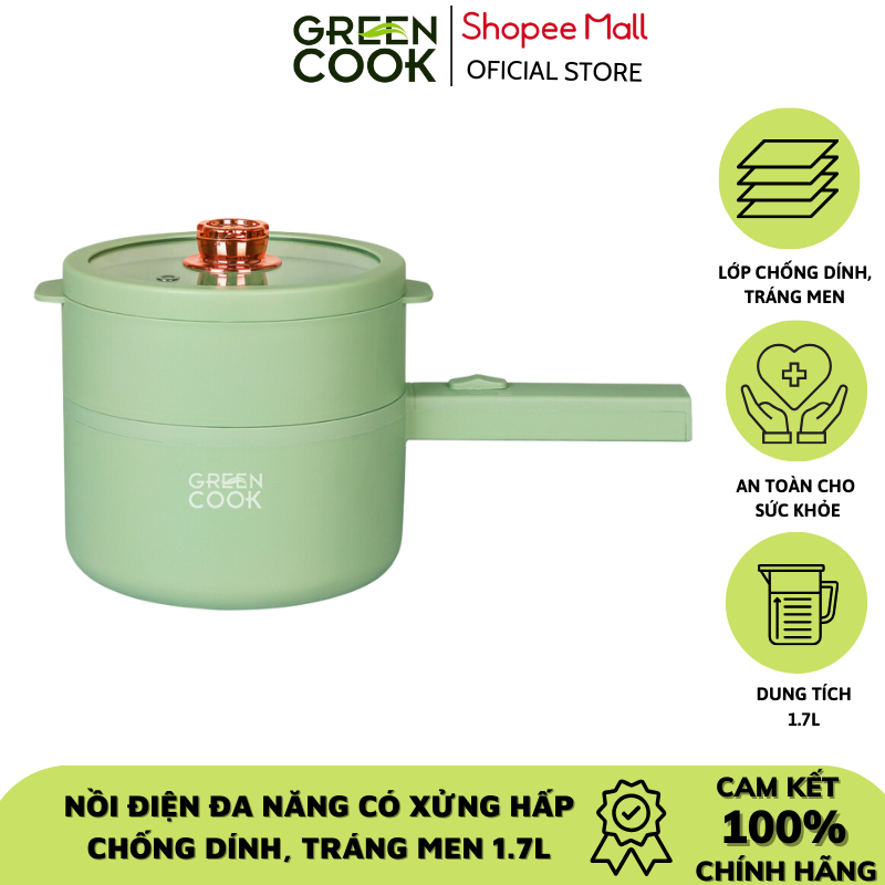 Nồi điện đa năng có xửng hấp, chống dính, tráng men 1.6L Green Cook