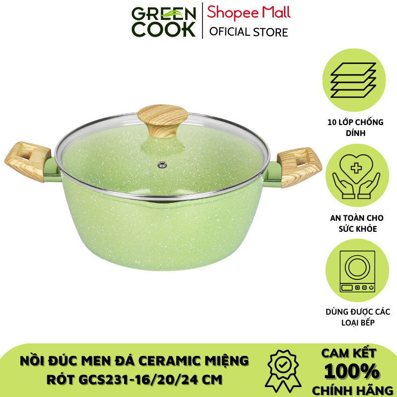 Nồi đúc men đá ceramic 9 lớp chống dính, miệng rót Green Cook GCS231 sử dụng được các loại bếp