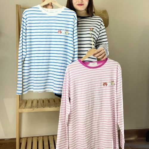 Áo thun Soc in hình dài tay nữ phối màu cổ phom rộng vải thun xược cotton  ANHSTORE, Áo thun sọc dài tay nữ in hình cute