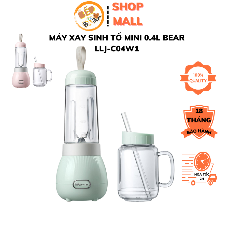 Máy xay sinh tố cầm tay Mini Đa Năng Bear LLJ-C04W1, 2 Cốc kèm nắp, Lưỡi dao sắc bén xay đá viên nhỏ, BH 18 Tháng