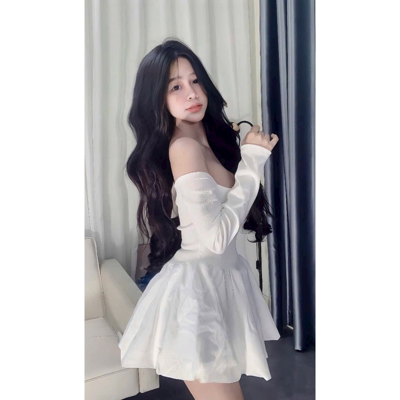 Set đầm bí trễ vai kèm quần - Bộ 2 món váy trễ vai tay dài bí kèm quần