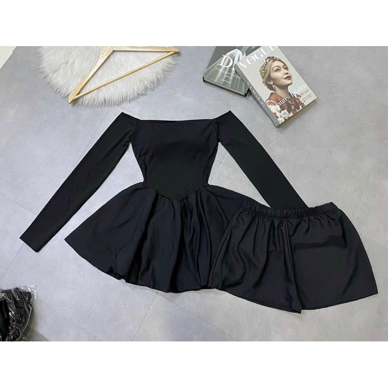 Set đầm bí trễ vai kèm quần - Bộ 2 món váy trễ vai tay dài bí kèm quần