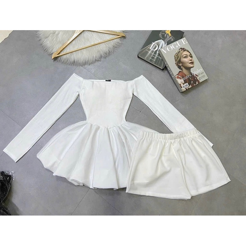 Set đầm bí trễ vai kèm quần - Bộ 2 món váy trễ vai tay dài bí kèm quần