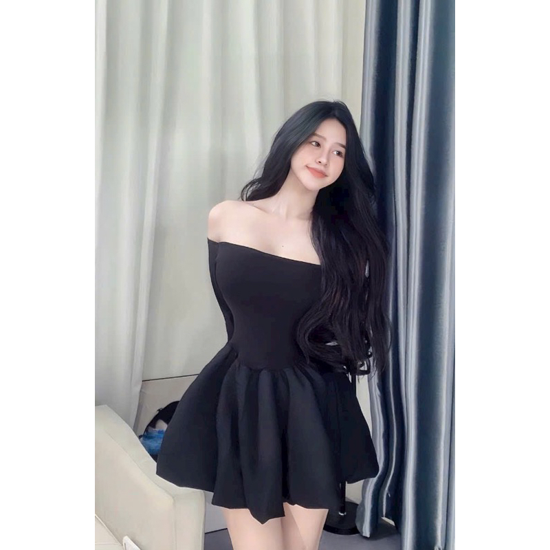 Set đầm bí trễ vai kèm quần - Bộ 2 món váy trễ vai tay dài bí kèm quần