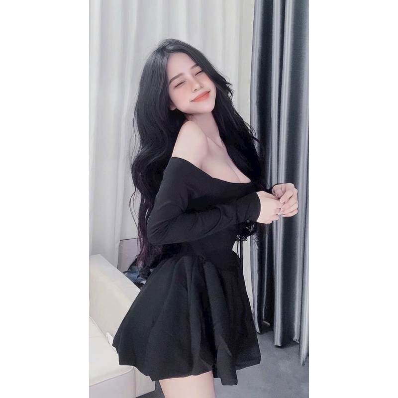 Set đầm bí trễ vai kèm quần - Bộ 2 món váy trễ vai tay dài bí kèm quần