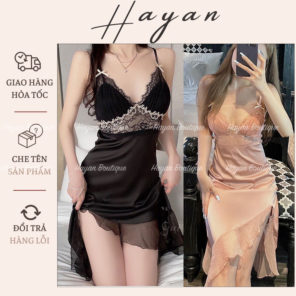 HT175 Váy ngủ sexy phối ren hoạ tiết ngực sang chảnh, đồ ngủ lụa xẻ đùi tôn dáng HT175