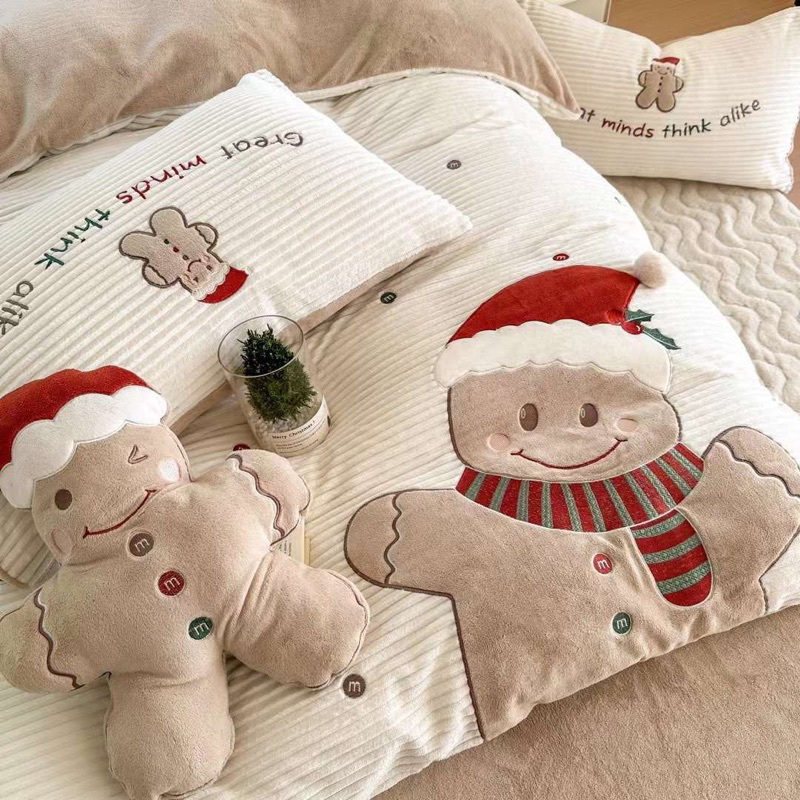 Bộ chăn ga gối Nỉ nhung thêu hoạ tiết Christmast 5 món