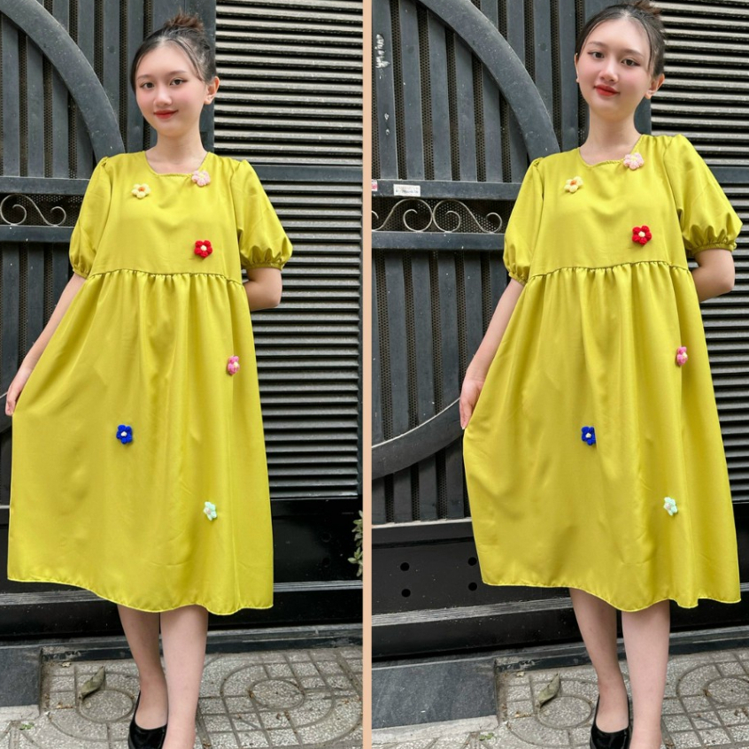 Đầm bầu đẹp tầng váy xoè tay nhún cách điệu tạo hiệu ứng thu hút ánh nhìn - Váy bầu dáng xuông xoè mặc thoải mái SL